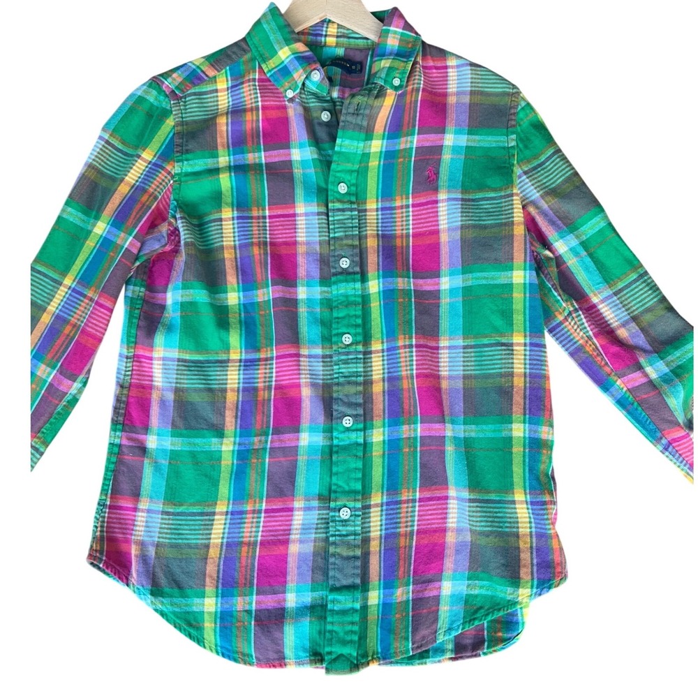 Ralph Lauren Tomboy  Preppy Plaid Button Up Lite Flannel 10 Pink Green - Picture 2 of 7